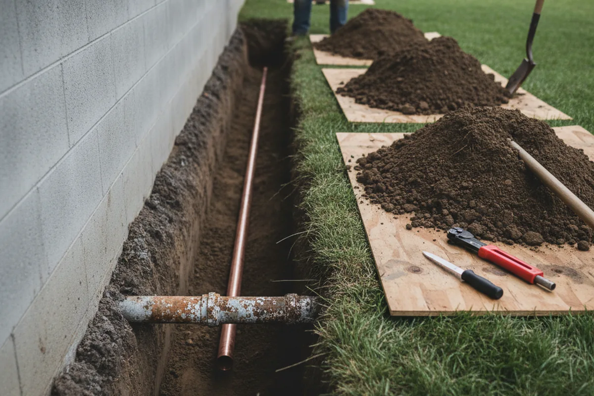 Excavated water line trench during Water Heater Repair in Eldridge